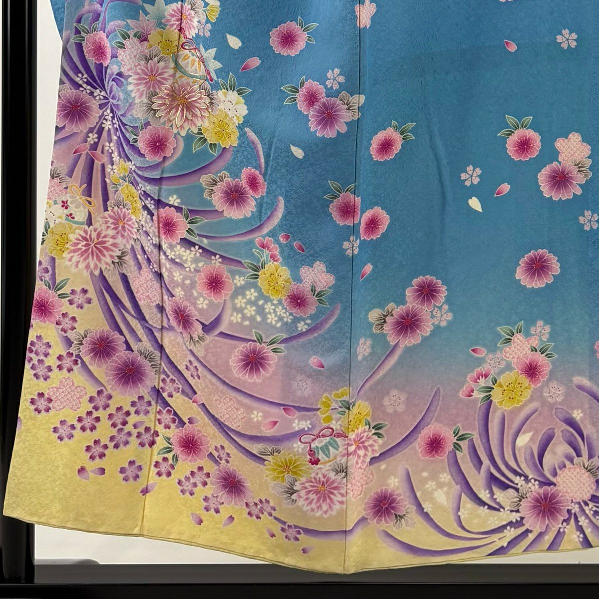 振袖禮服 身長153cm 袖長62cm S 雙層 菊花花 櫻花花 金絲 金銀彩 水色 純蠶絲 名品級
