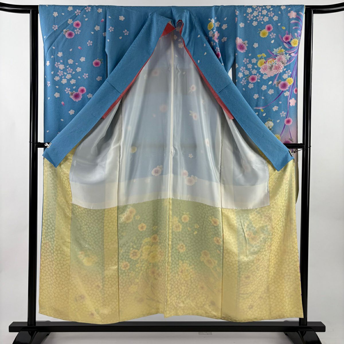 振袖禮服 身長153cm 袖長62cm S 雙層 菊花花 櫻花花 金絲 金銀彩 水色 純蠶絲 名品級