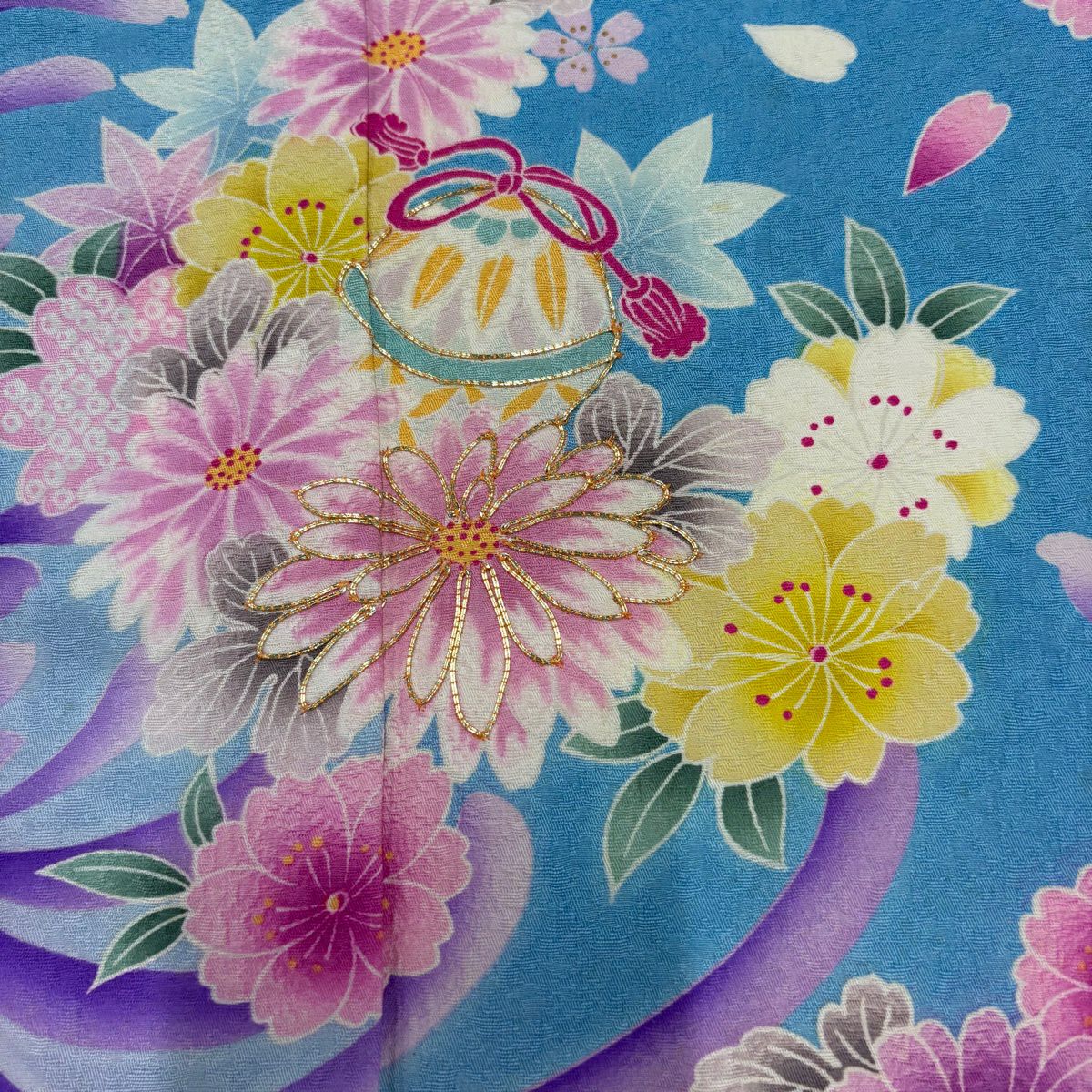 振袖禮服 身長153cm 袖長62cm S 雙層 菊花花 櫻花花 金絲 金銀彩 水色 純蠶絲 名品級