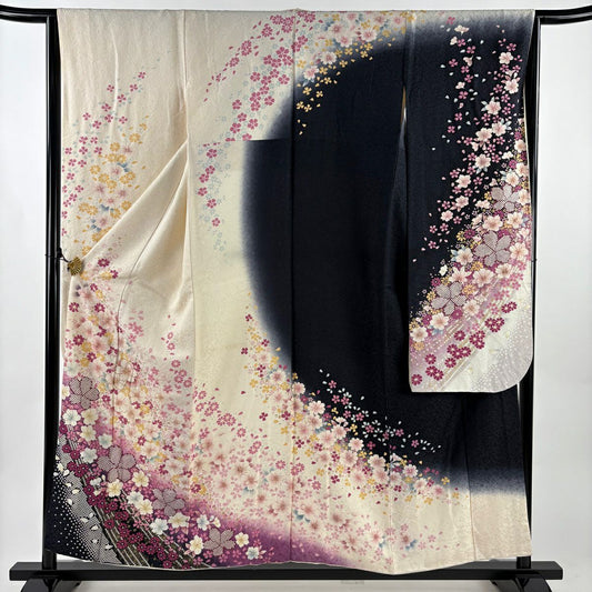 振袖禮服 身長155cm 袖長64cm M 雙層 草花紋紋 銀通 金銀彩 奶油色 純蠶絲 名品級