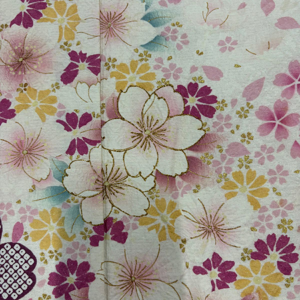 振袖禮服 身長155cm 袖長64cm M 雙層 草花紋紋 銀通 金銀彩 奶油色 純蠶絲 名品級