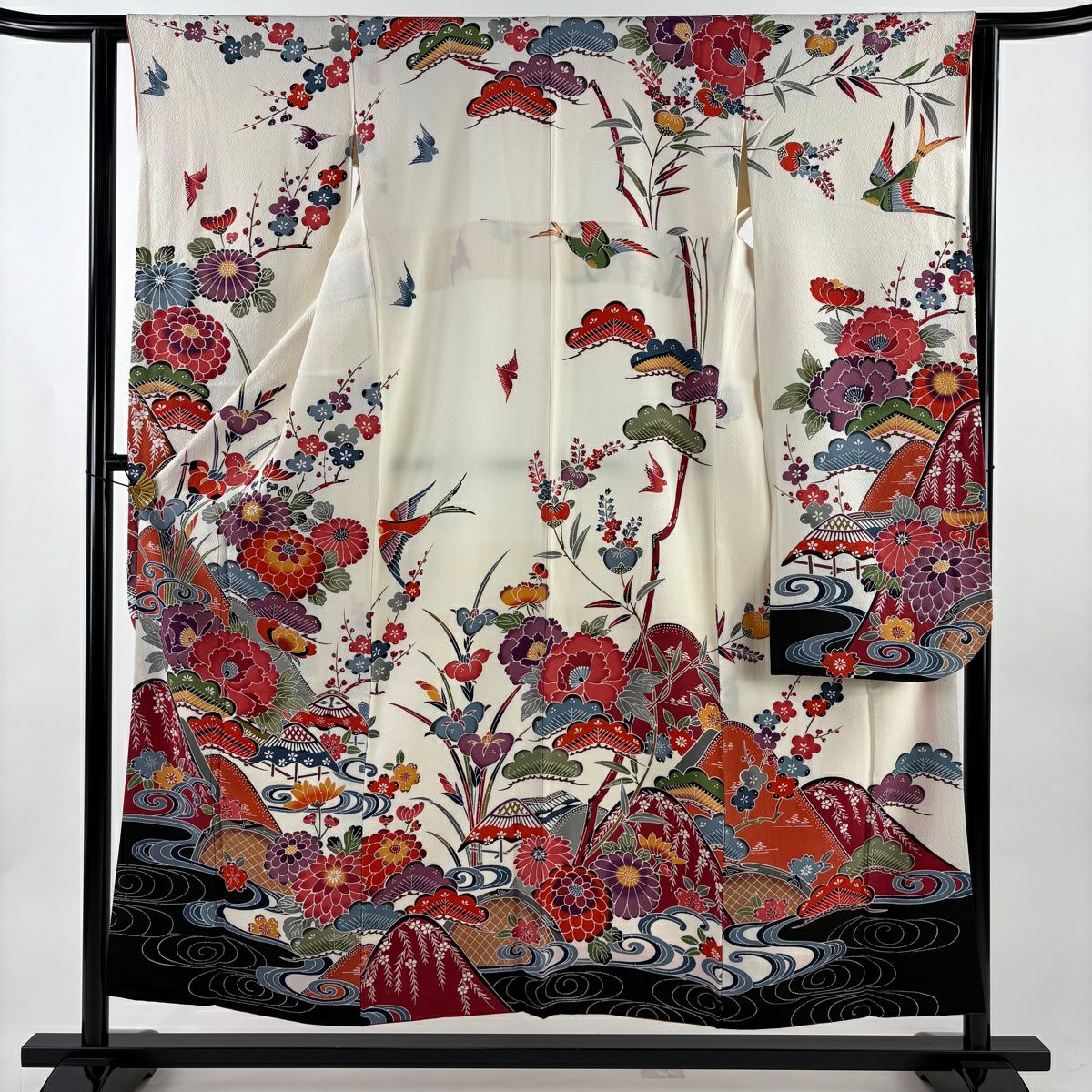 振袖禮服 身長155cm 袖長61cm S 雙層 風景 草花紋紋 絞織 奶油色 純蠶絲 名品級