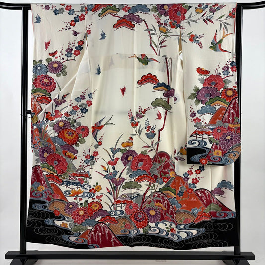 振袖禮服 身長155cm 袖長61cm S 雙層 風景 草花紋紋 絞織 奶油色 純蠶絲 名品級