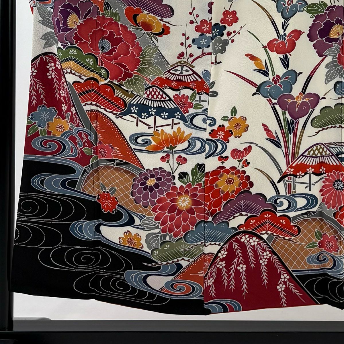 振袖禮服 身長155cm 袖長61cm S 雙層 風景 草花紋紋 絞織 奶油色 純蠶絲 名品級