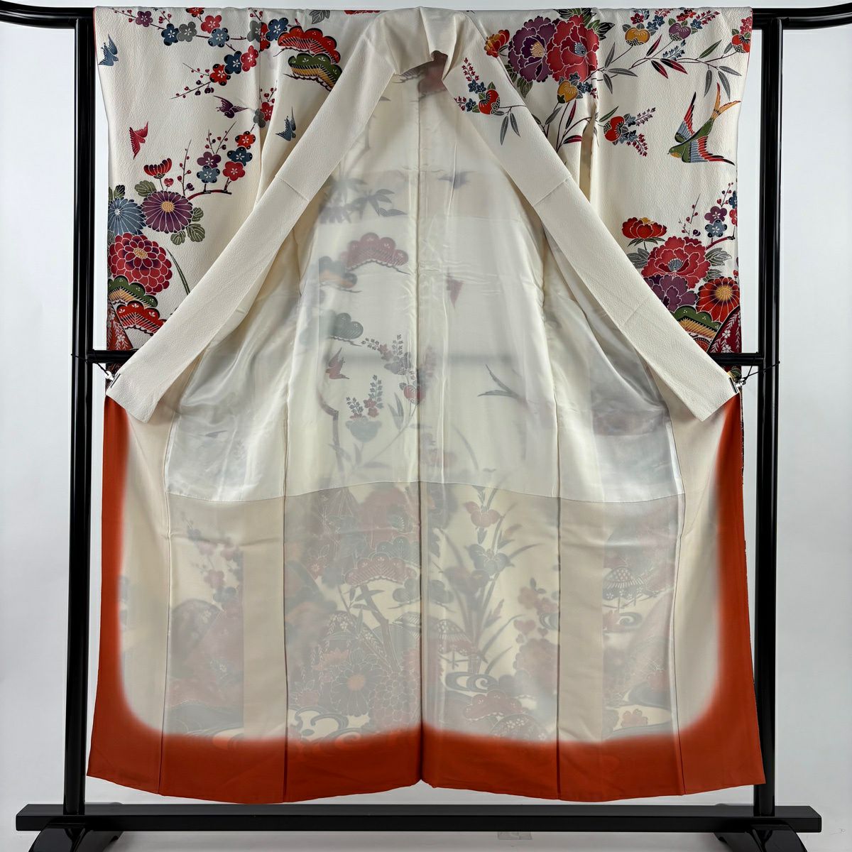 振袖禮服 身長155cm 袖長61cm S 雙層 風景 草花紋紋 絞織 奶油色 純蠶絲 名品級