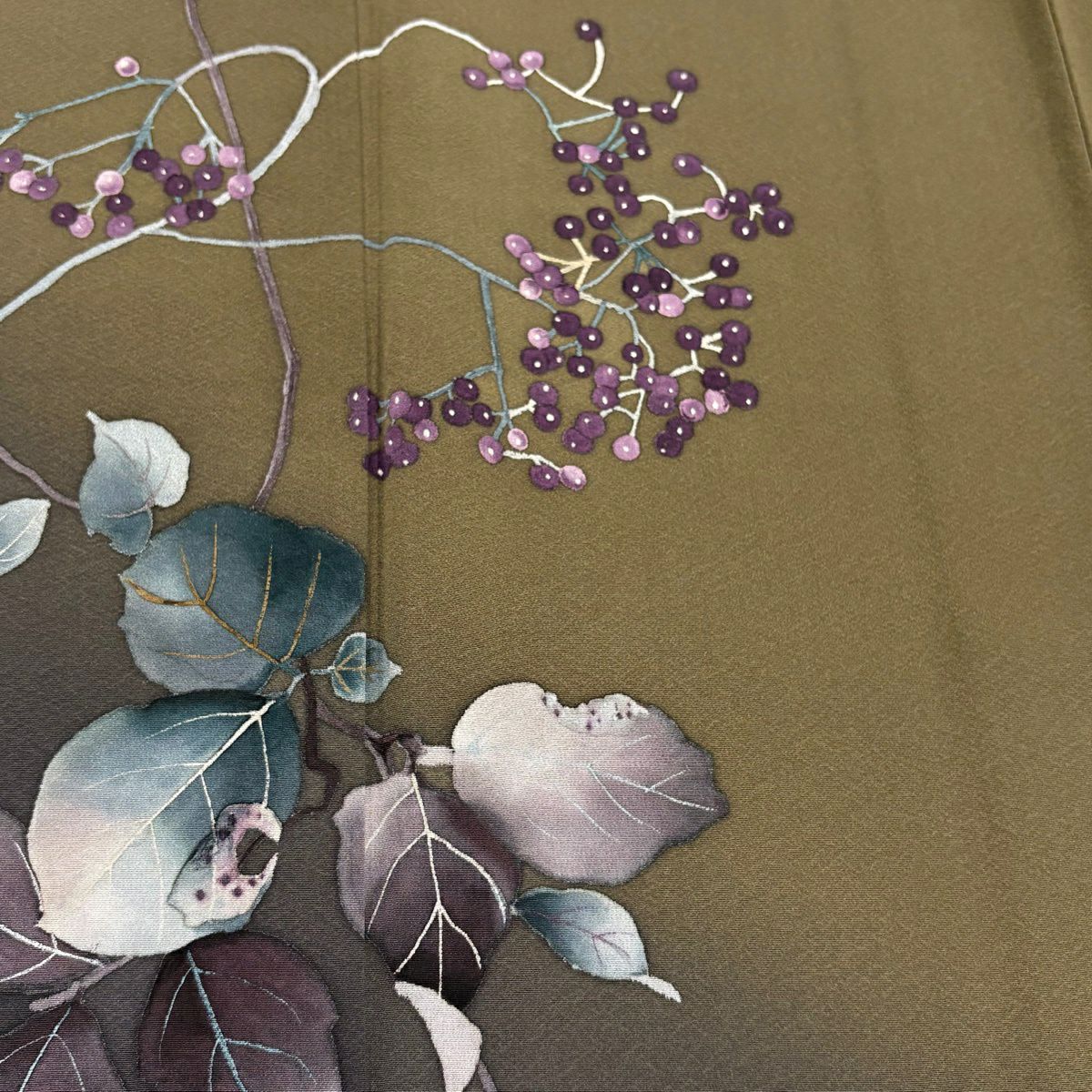 付下 身長151.5cm 袖長62cm S 雙層 草野一騎 落款あり 葉と実 染分 ぼかし 茶綠 純蠶絲 名品級