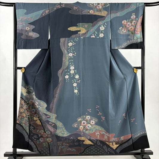 訪問服 身長156.5cm 袖長65.5cm M 雙層 櫻花 流水 金彩裝飾 青灰 純蠶絲 名品級