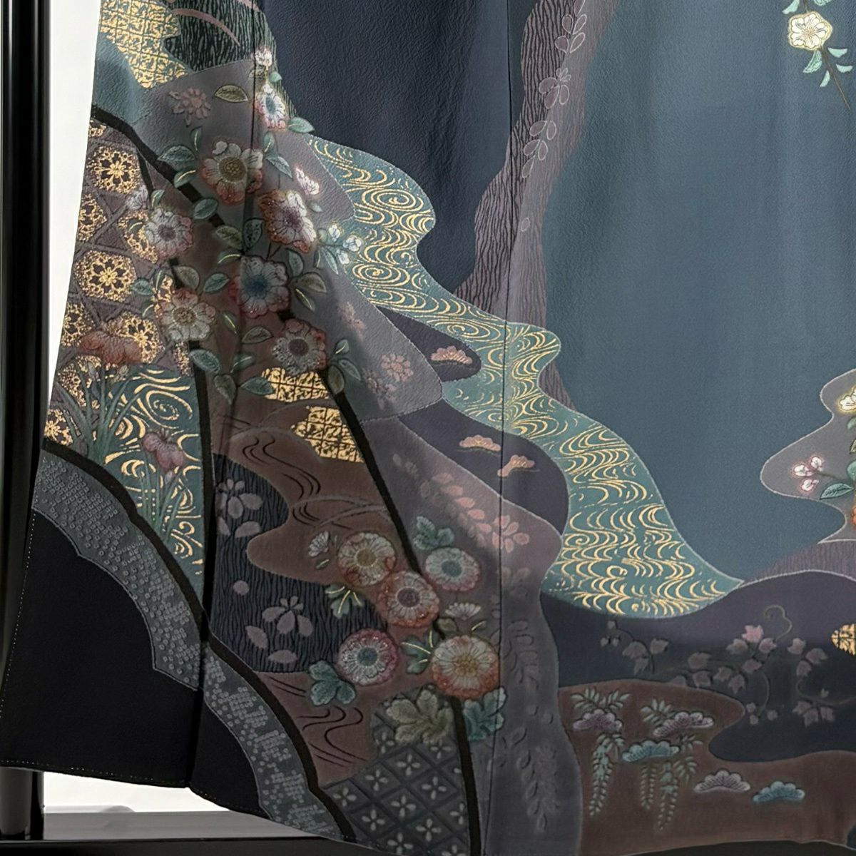 訪問服 身長156.5cm 袖長65.5cm M 雙層 櫻花 流水 金彩裝飾 青灰 純蠶絲 名品級