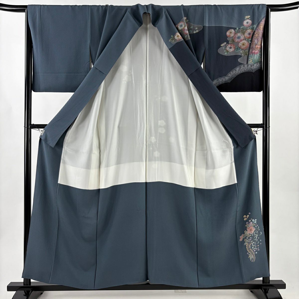 訪問服 身長156.5cm 袖長65.5cm M 雙層 櫻花 流水 金彩裝飾 青灰 純蠶絲 名品級