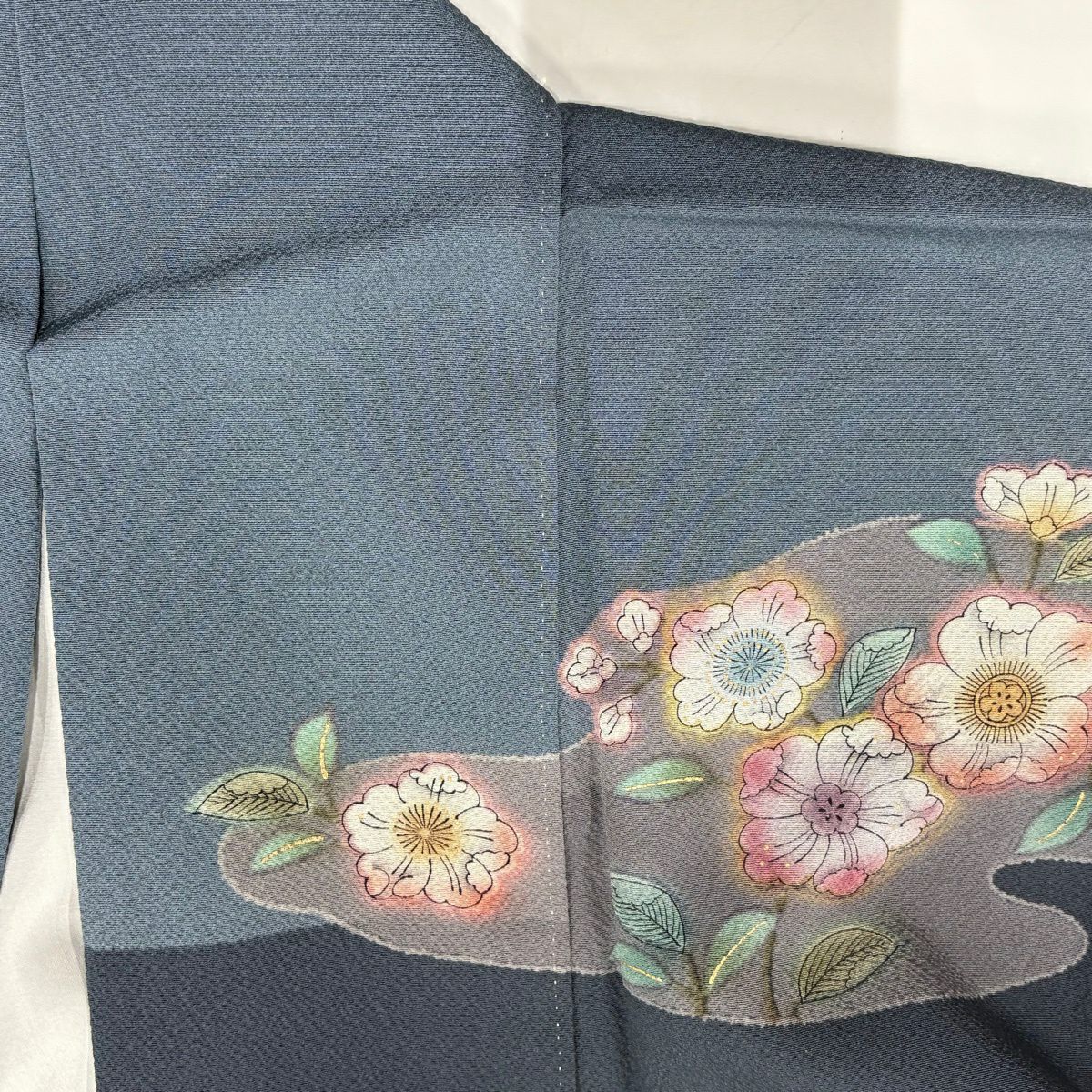 訪問服 身長156.5cm 袖長65.5cm M 雙層 櫻花 流水 金彩裝飾 青灰 純蠶絲 名品級