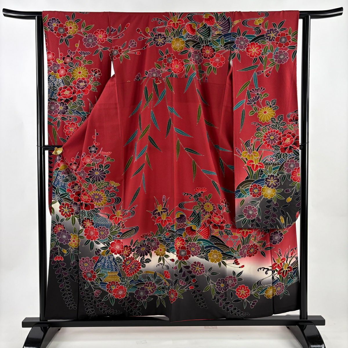振袖禮服 身長157.5cm 袖長63.5cm S 雙層 草花紋紋 流水 染分 ぼかし 紅 純蠶絲 名品級