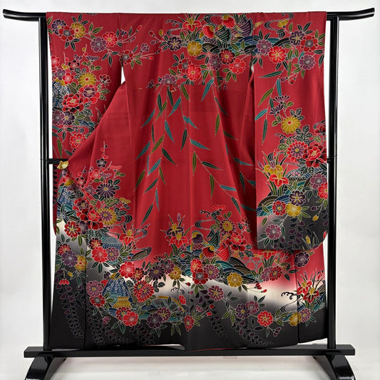 振袖禮服 身長157.5cm 袖長63.5cm S 雙層 草花紋紋 流水 染分 ぼかし 紅 純蠶絲 名品級
