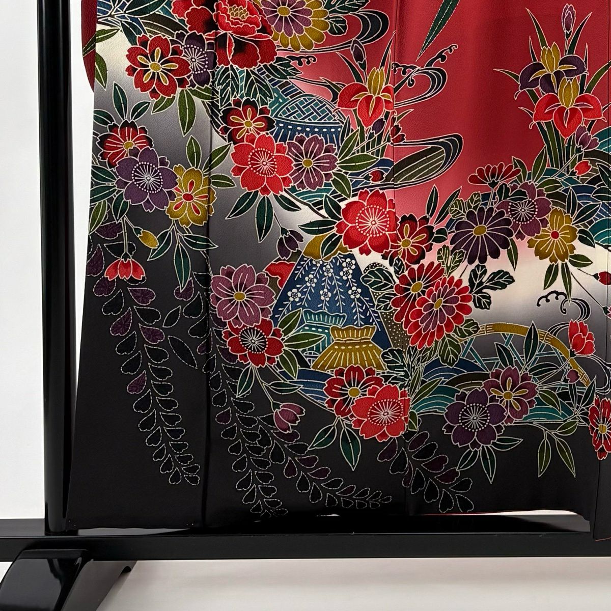 振袖禮服 身長157.5cm 袖長63.5cm S 雙層 草花紋紋 流水 染分 ぼかし 紅 純蠶絲 名品級