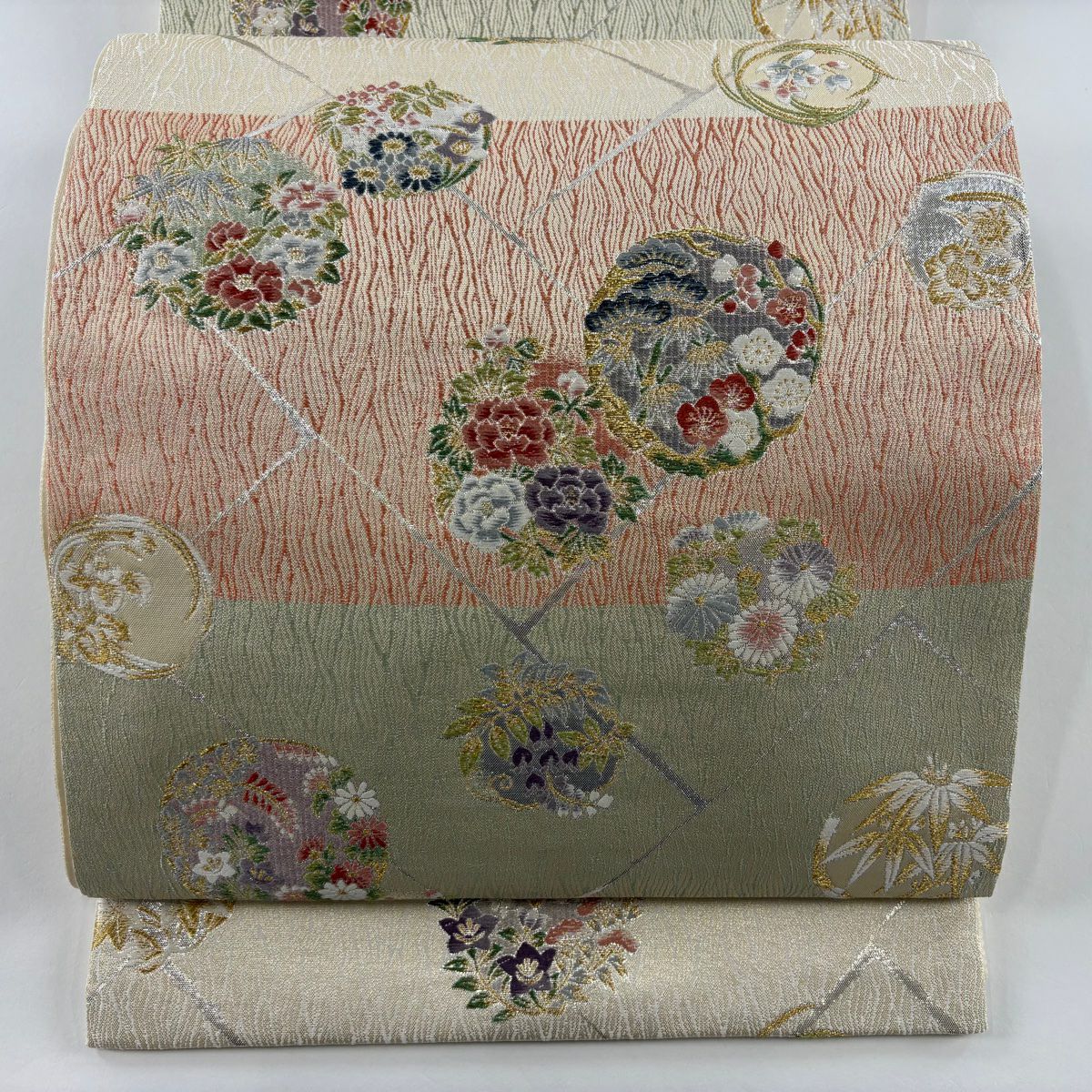 袋帶 美品 秀品級 花丸紋 松樹竹子梅花 金金箔 金絲 奶油 六通 純蠶絲