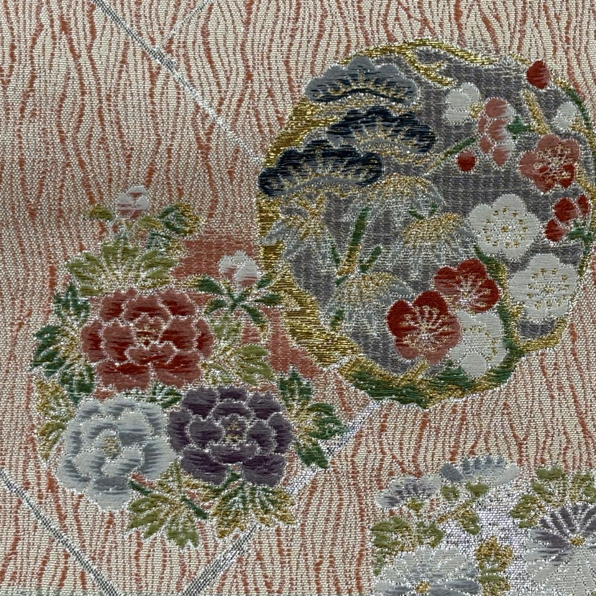 袋帶 美品 秀品級 花丸紋 松樹竹子梅花 金金箔 金絲 奶油 六通 純蠶絲