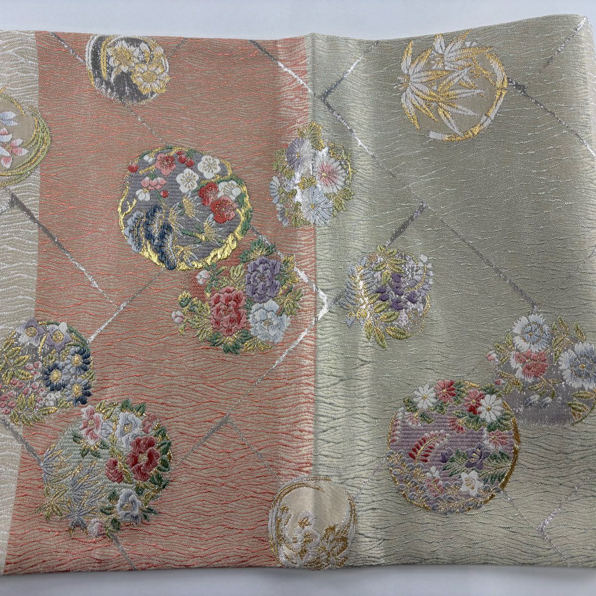 袋帶 美品 秀品級 花丸紋 松樹竹子梅花 金金箔 金絲 奶油 六通 純蠶絲