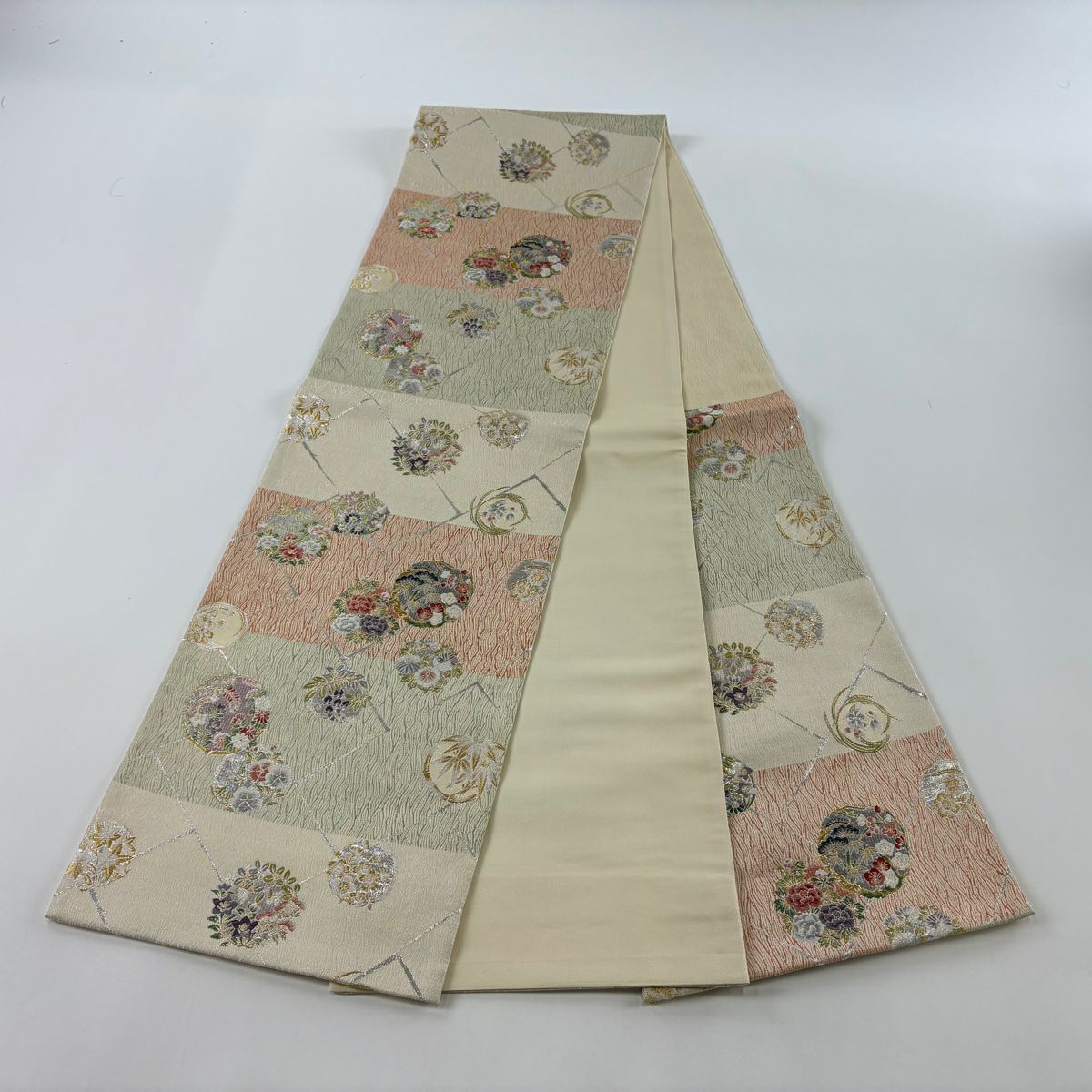袋帶 美品 秀品級 花丸紋 松樹竹子梅花 金金箔 金絲 奶油 六通 純蠶絲