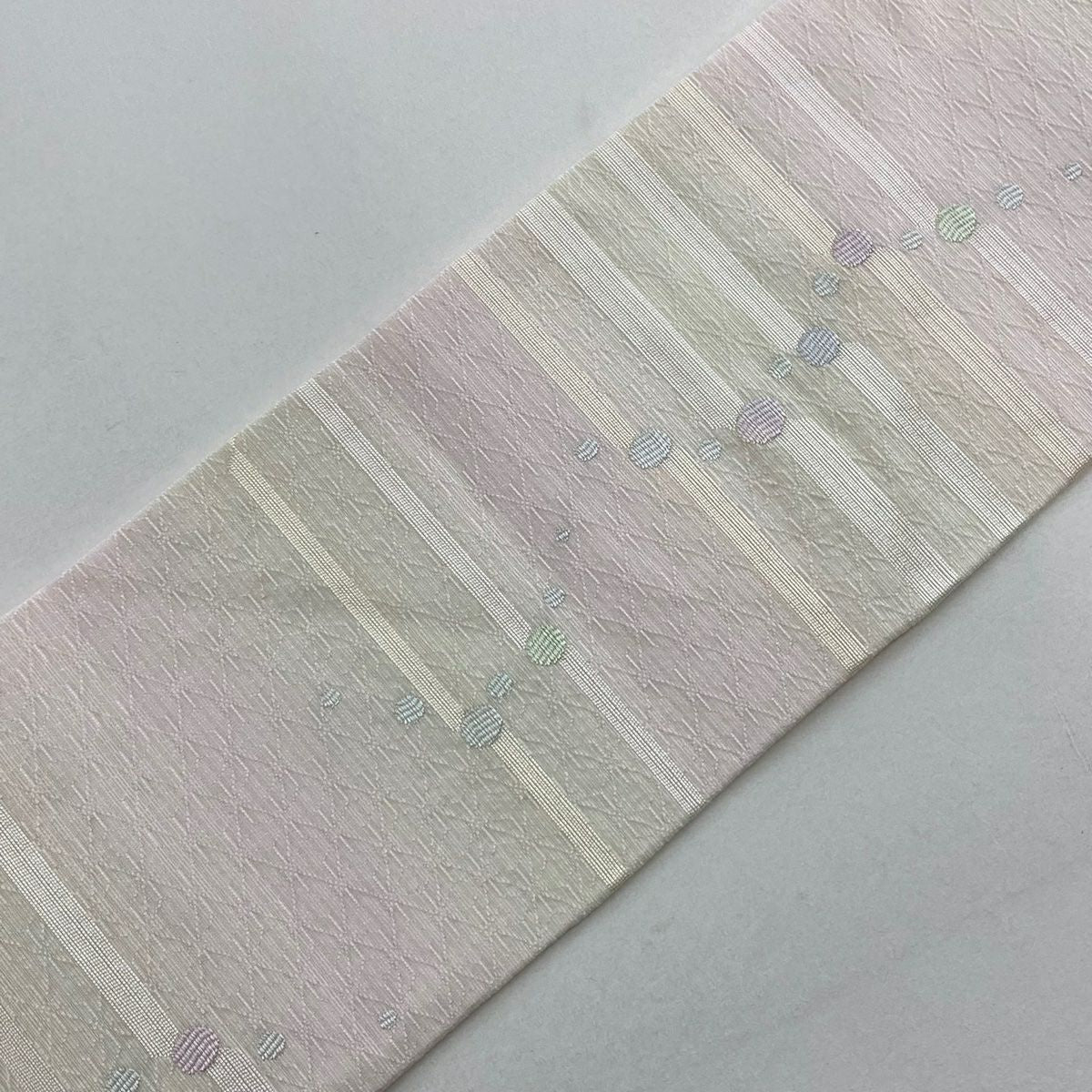 【美品】名古屋帶 名品級 夏帶 幾何學圖案 地紋 漸層 淺粉色 純蠶絲