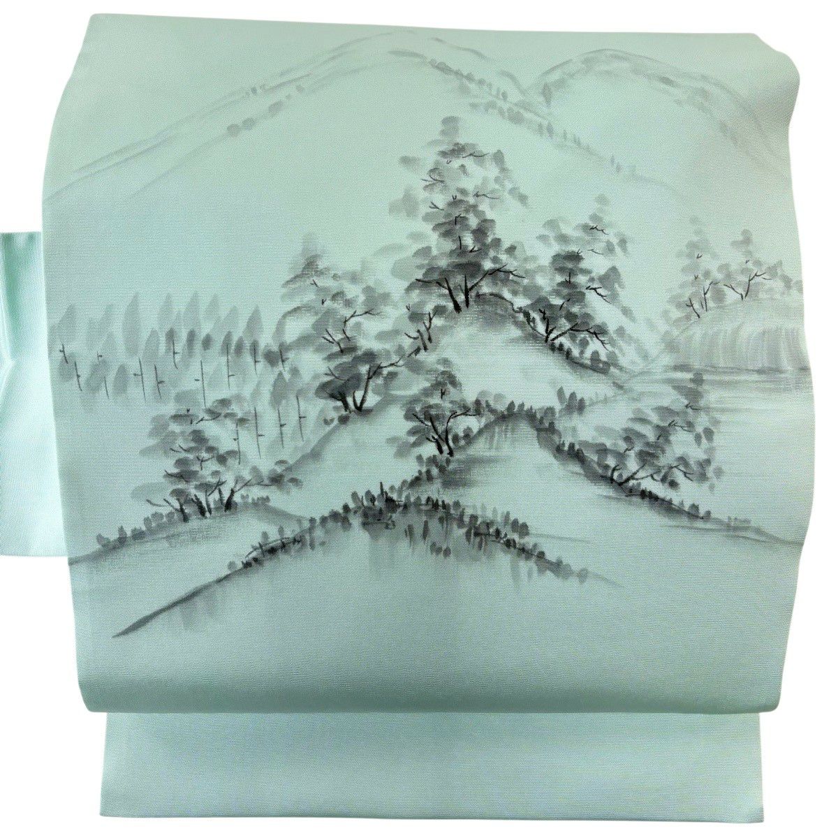 名古屋帶 優品級 山 樹木 淺綠 純蠶絲