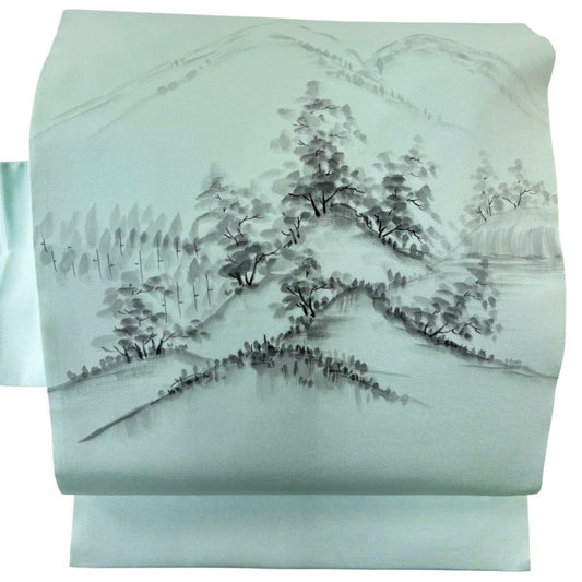 名古屋帶 優品級 山 樹木 淺綠 純蠶絲