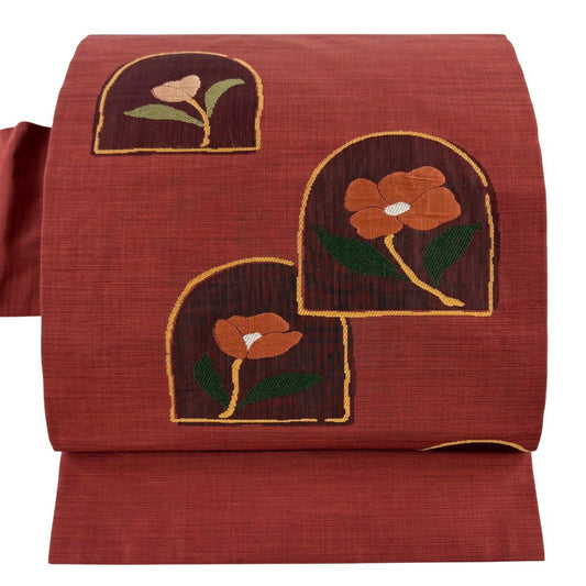【美品】名古屋帶 優品級 草花紋 紅紫 純蠶絲