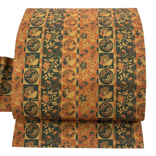 【美品】名古屋帶 優品級 花唐草紋 鳥 橙色 純蠶絲