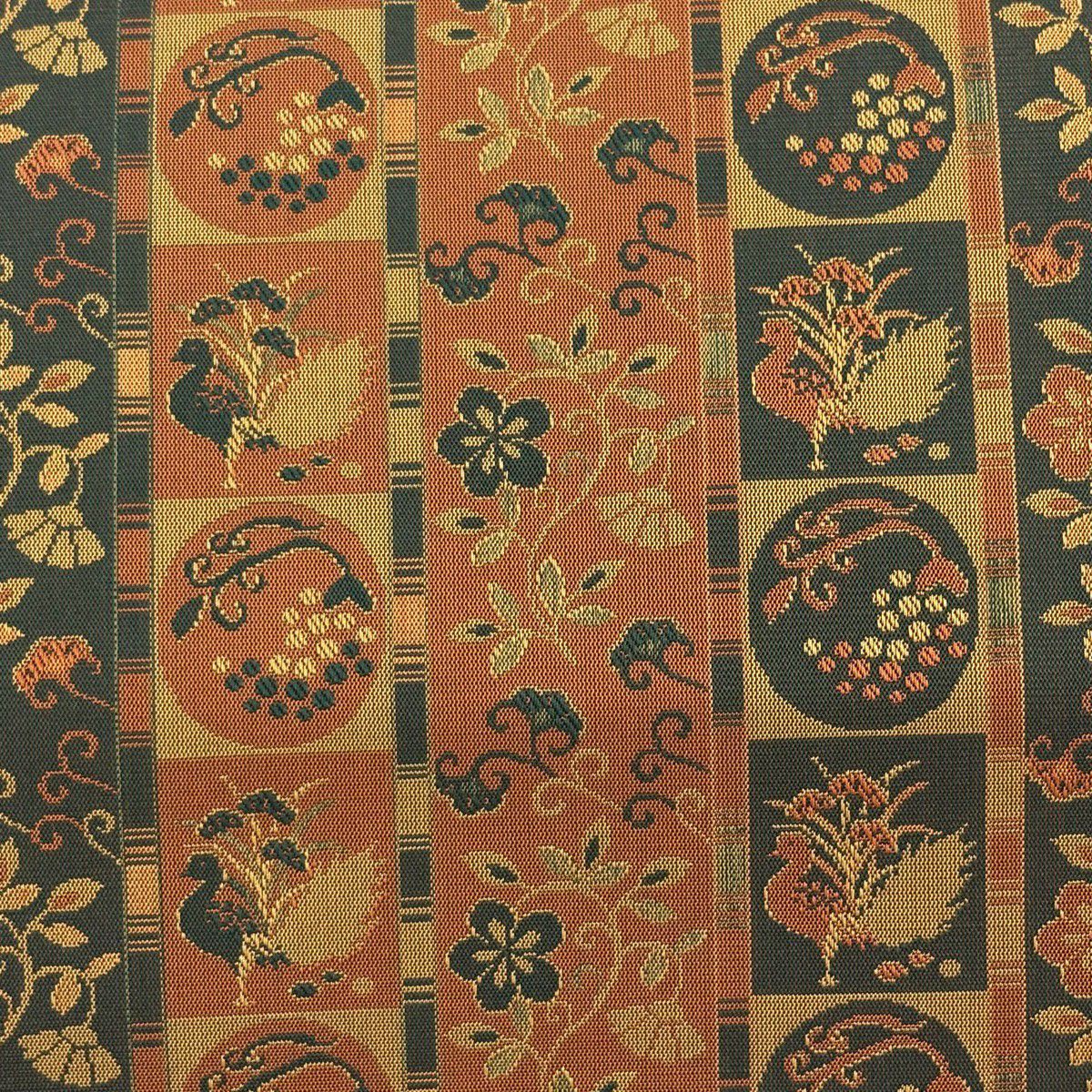 【美品】名古屋帶 優品級 花唐草紋 鳥 橙色 純蠶絲