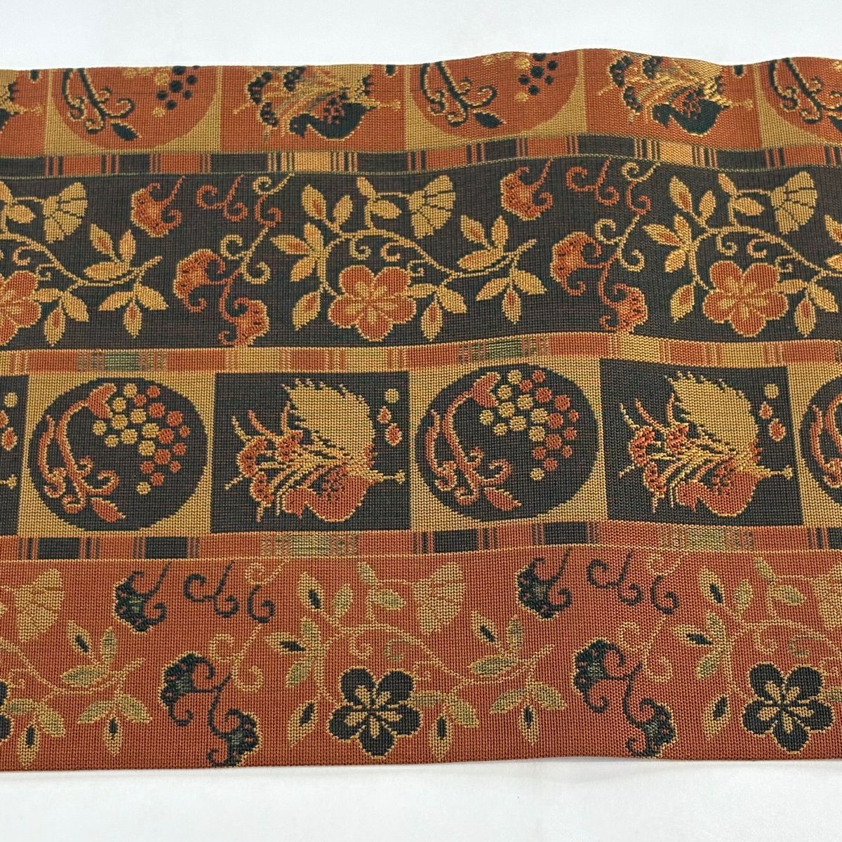 【美品】名古屋帶 優品級 花唐草紋 鳥 橙色 純蠶絲