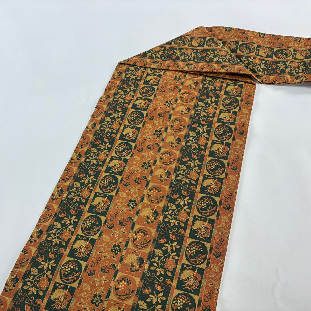 【美品】名古屋帶 優品級 花唐草紋 鳥 橙色 純蠶絲