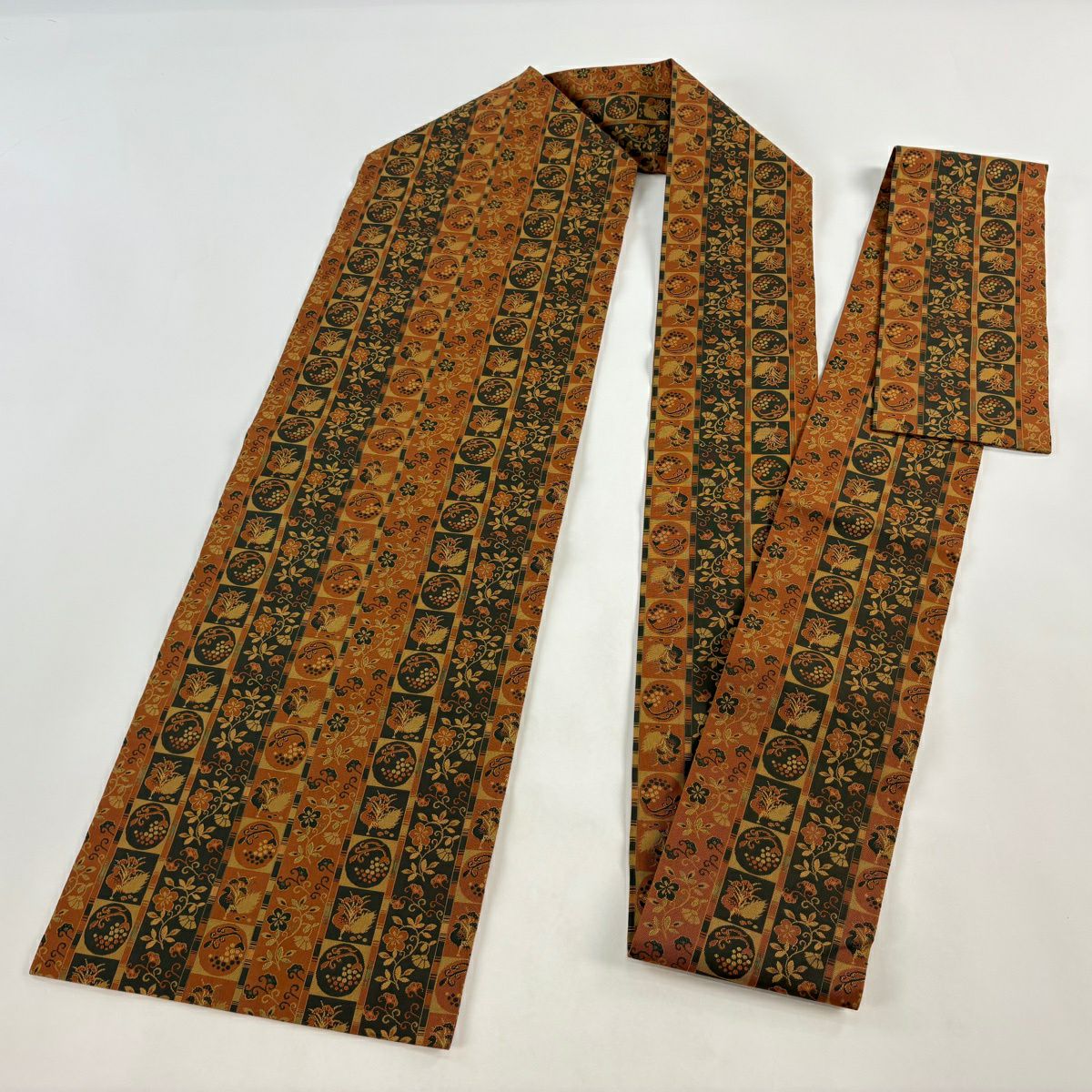 【美品】名古屋帶 優品級 花唐草紋 鳥 橙色 純蠶絲