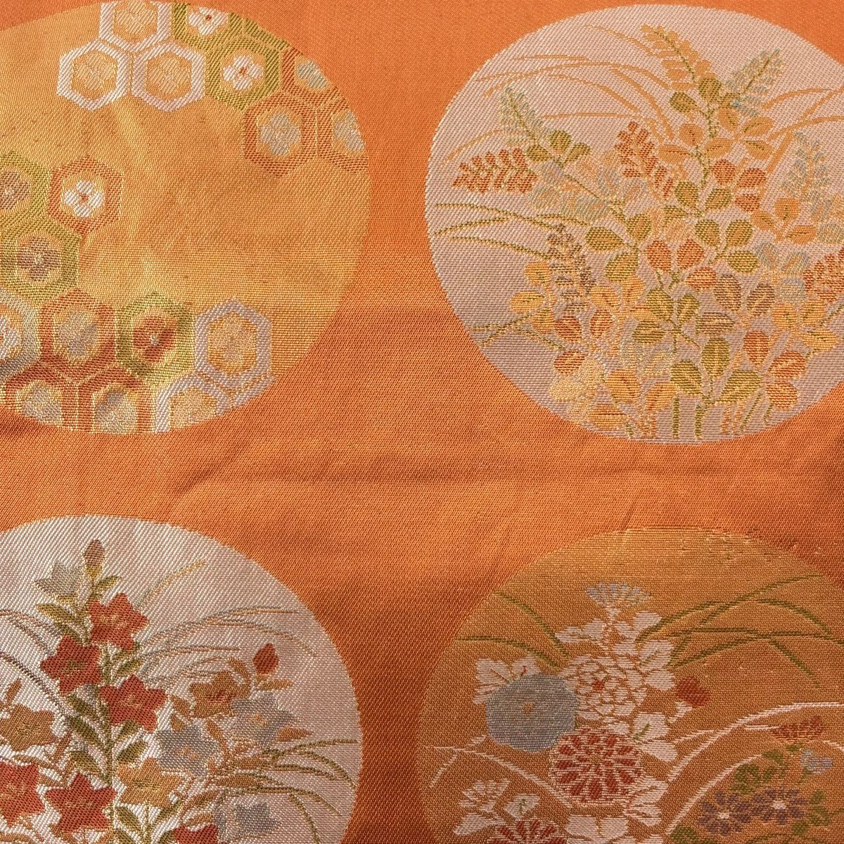 名古屋帶 優品級 圓文 草花紋 橙色 純蠶絲