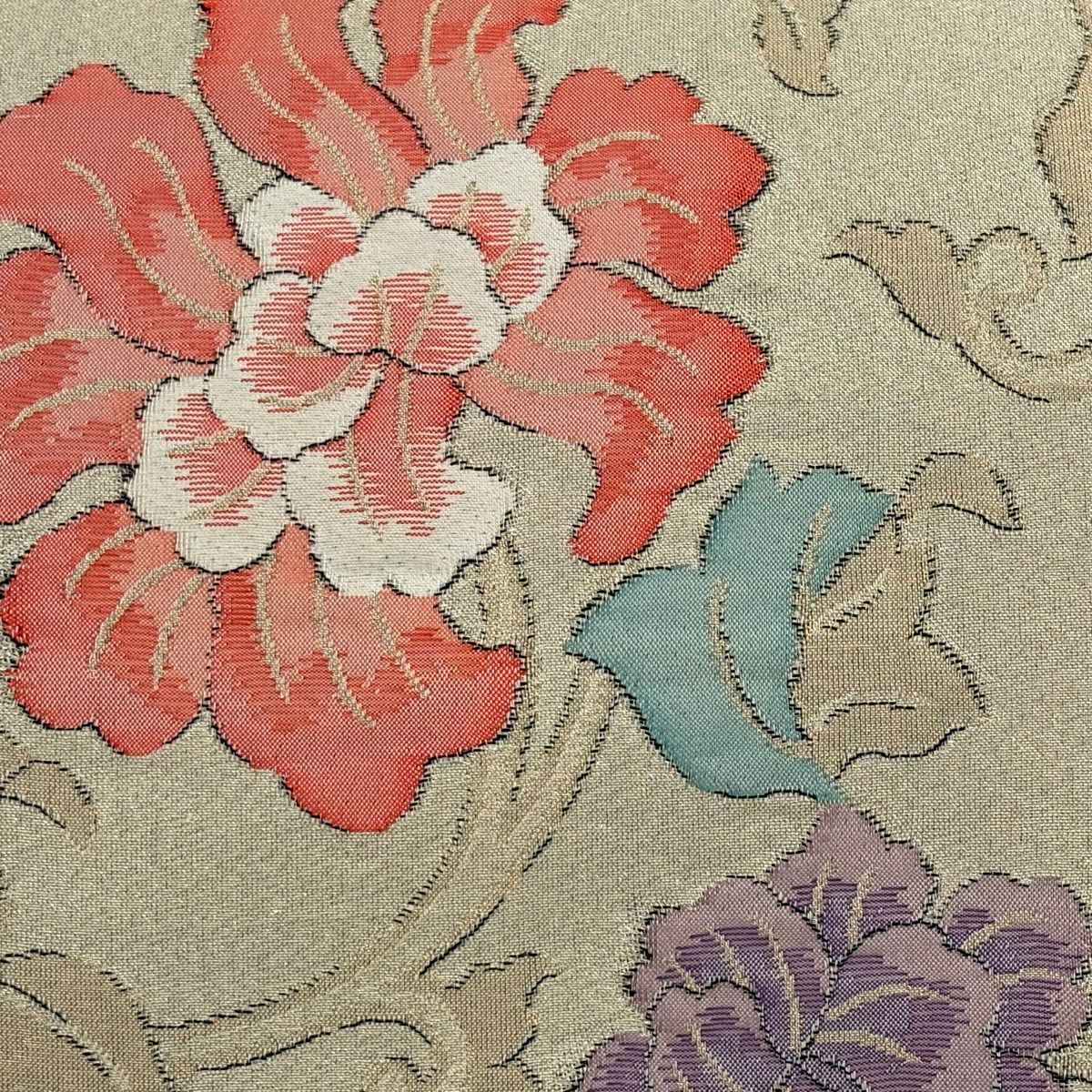名古屋帶 優品級 花唐草紋 金糸 米色 純蠶絲