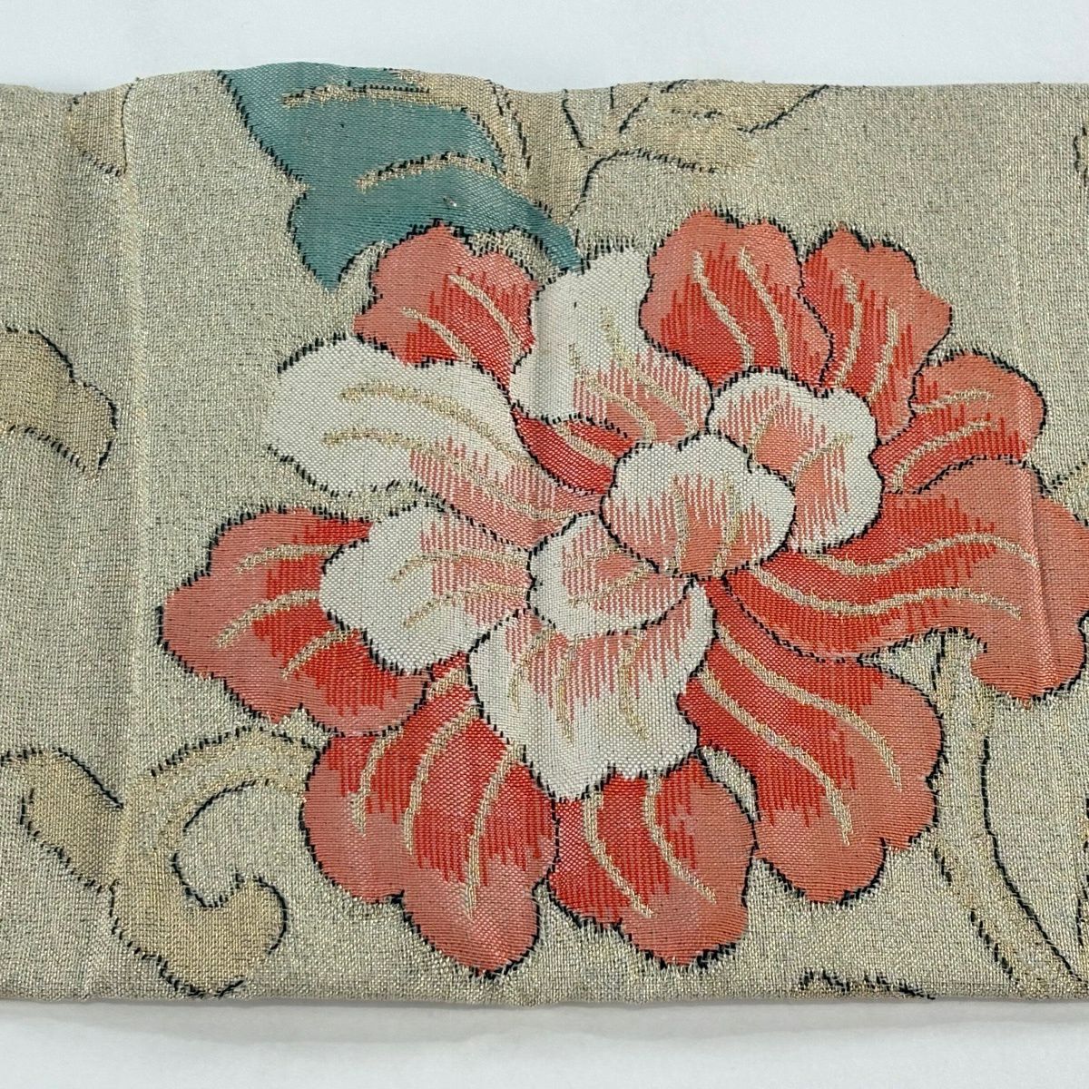 名古屋帶 優品級 花唐草紋 金糸 米色 純蠶絲