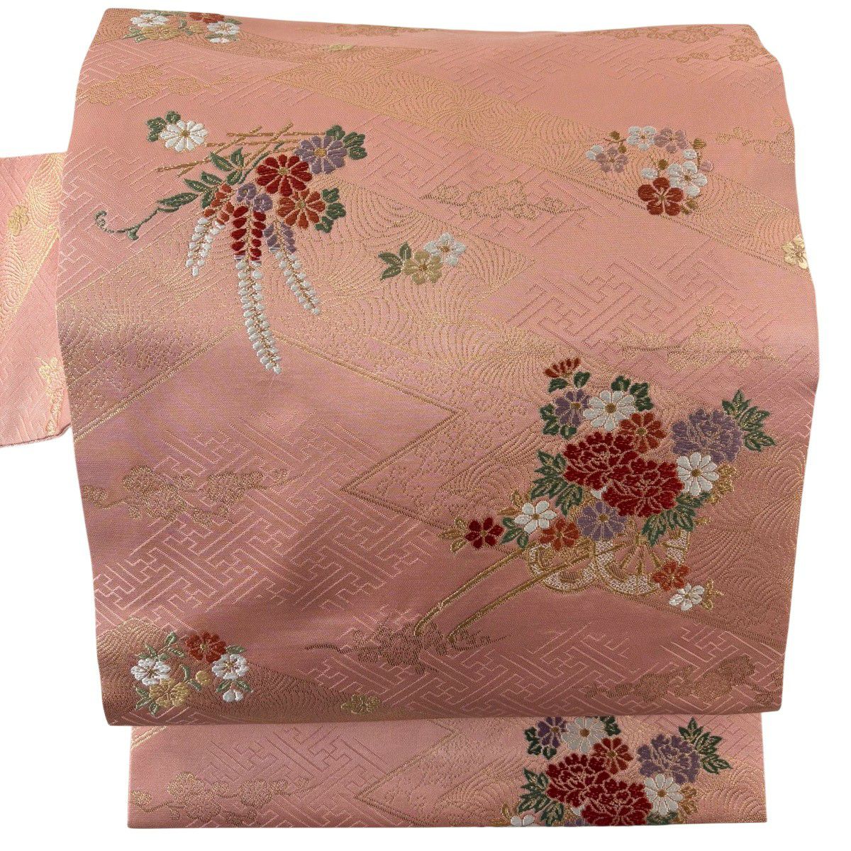 【美品】 名古屋帶 優品級 花車 梅花 刺繡 金金箔 鮭粉色 純蠶絲