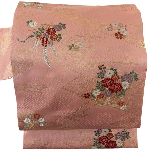 【美品】 名古屋帶 優品級 花車 梅花 刺繡 金金箔 鮭粉色 純蠶絲