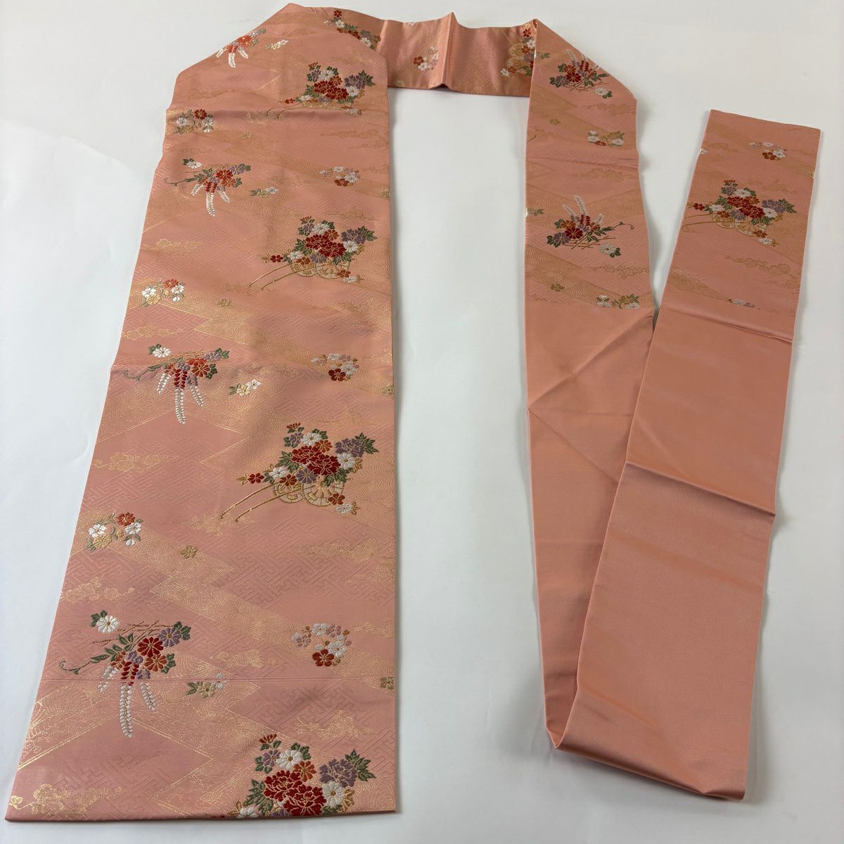 【美品】 名古屋帶 優品級 花車 梅花 刺繡 金金箔 鮭粉色 純蠶絲