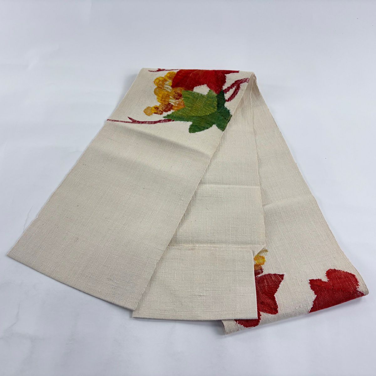 【美品】 名古屋帶 優品級 八寸名古屋帶 松樹葉仕立 葡萄 淡米色 純蠶絲