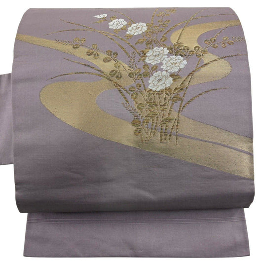 【美品】名古屋帶 優品級 牡丹 流水 金糸 金金箔 灰紫 純蠶絲