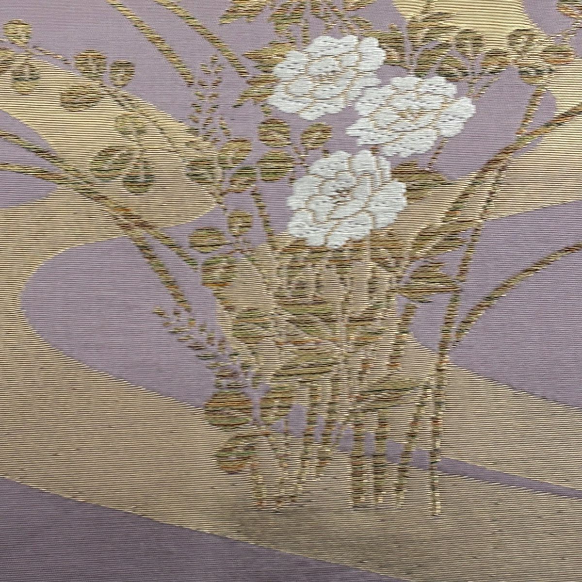 【美品】名古屋帶 優品級 牡丹 流水 金糸 金金箔 灰紫 純蠶絲