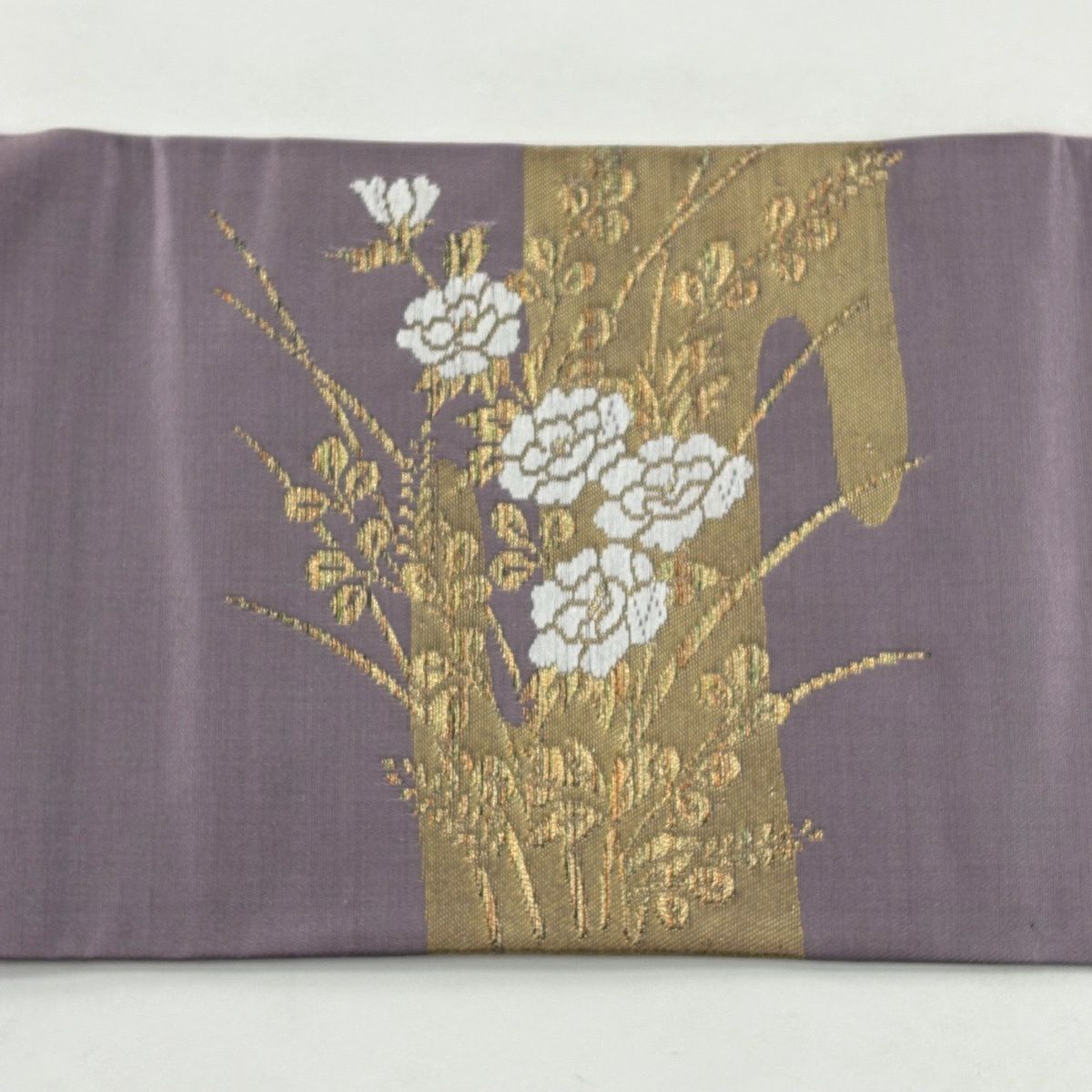 【美品】名古屋帶 優品級 牡丹 流水 金糸 金金箔 灰紫 純蠶絲