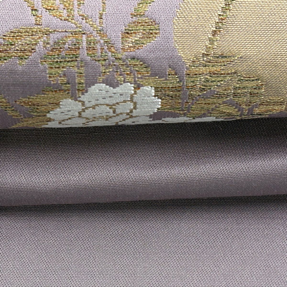 【美品】名古屋帶 優品級 牡丹 流水 金糸 金金箔 灰紫 純蠶絲