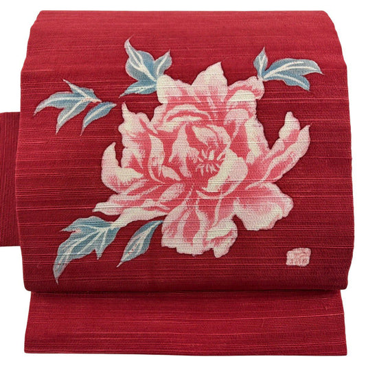 【美品】 名古屋帶 優品級 附落款 紬織織 牡丹 深粉紅 純蠶絲