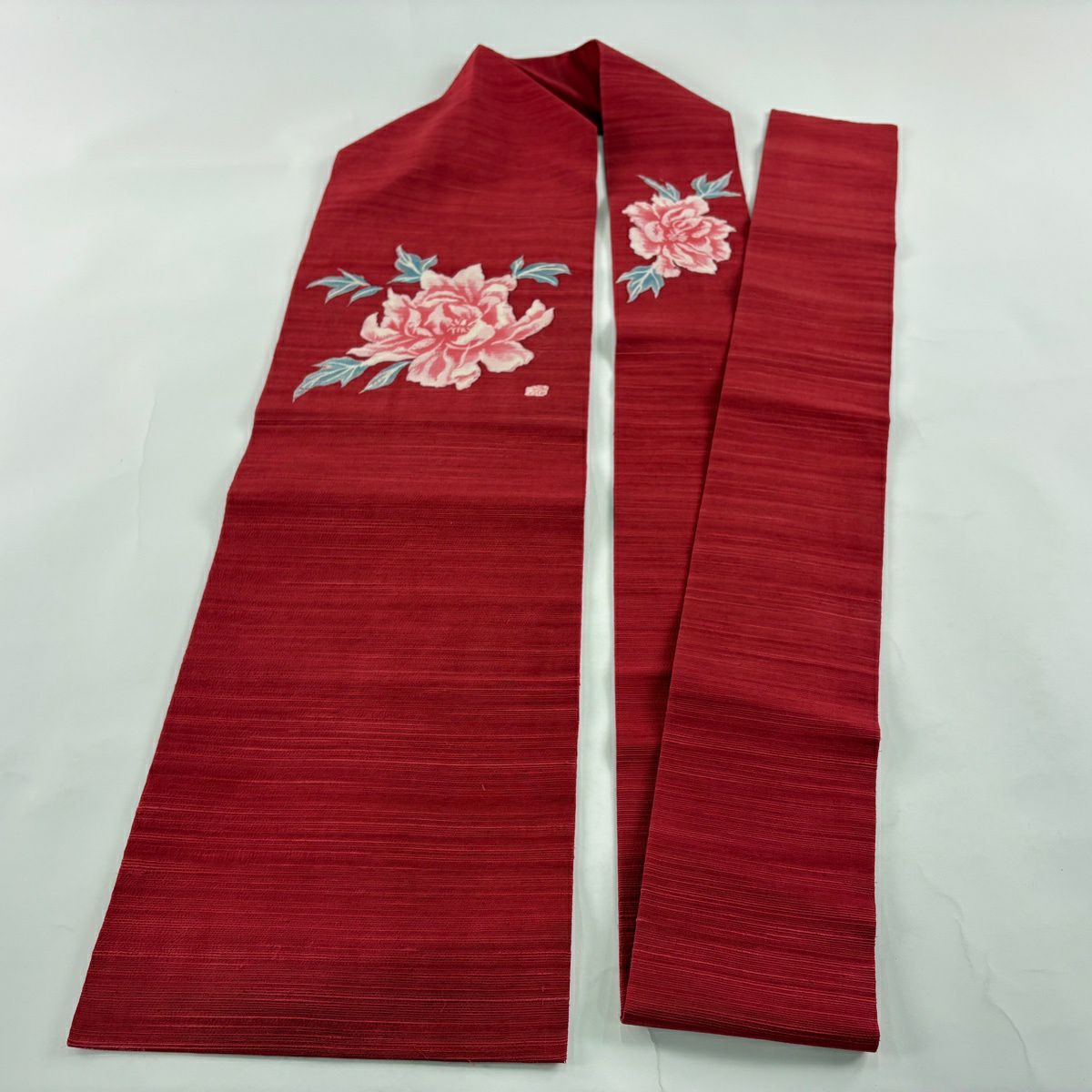 【美品】 名古屋帶 優品級 附落款 紬織織 牡丹 深粉紅 純蠶絲