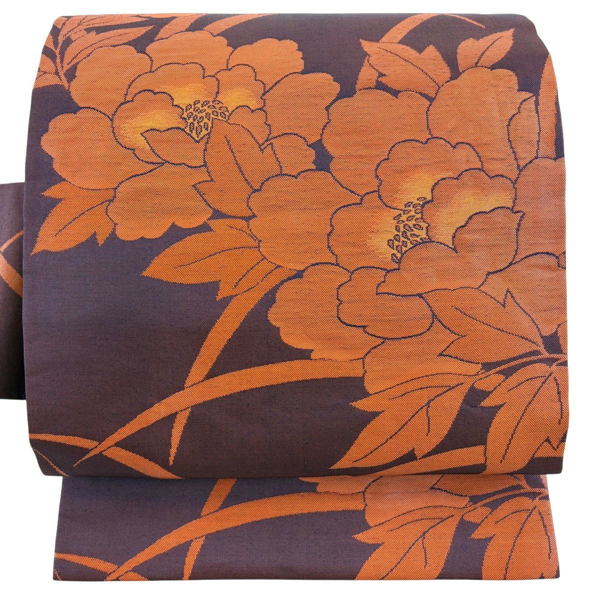 【美品】 名古屋帶 優品級 牡丹 金金箔 茶紫 純蠶絲