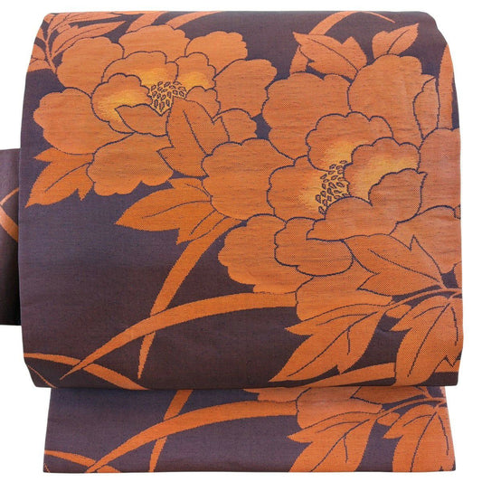 【美品】 名古屋帶 優品級 牡丹 金金箔 茶紫 純蠶絲