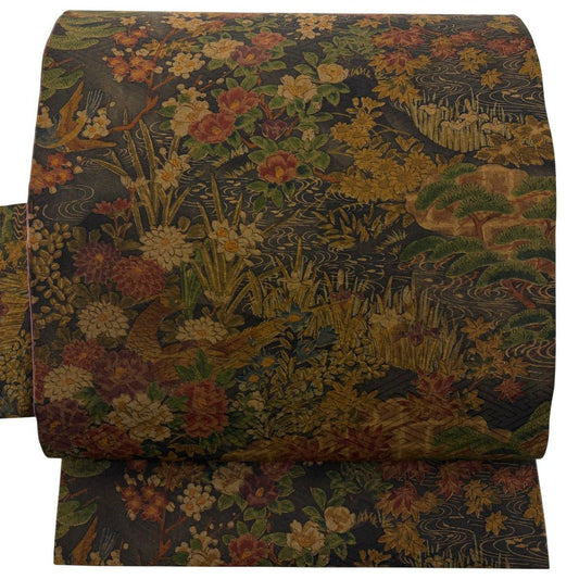 【美品】 名古屋帶 優品級 花鳥 雲文 墨 純蠶絲