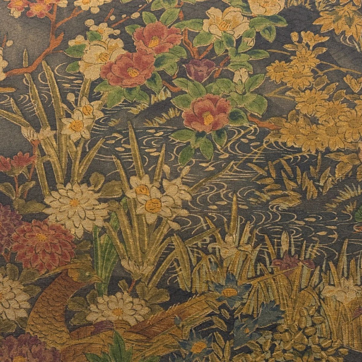 【美品】 名古屋帶 優品級 花鳥 雲文 墨 純蠶絲