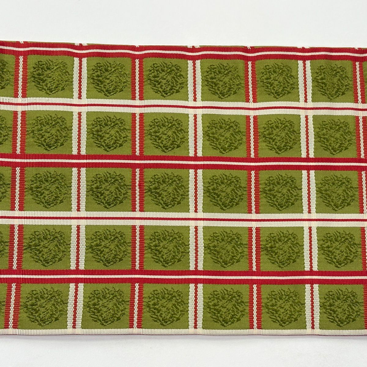 【美品】名古屋帶 優品級 格子 よもぎ色 純蠶絲