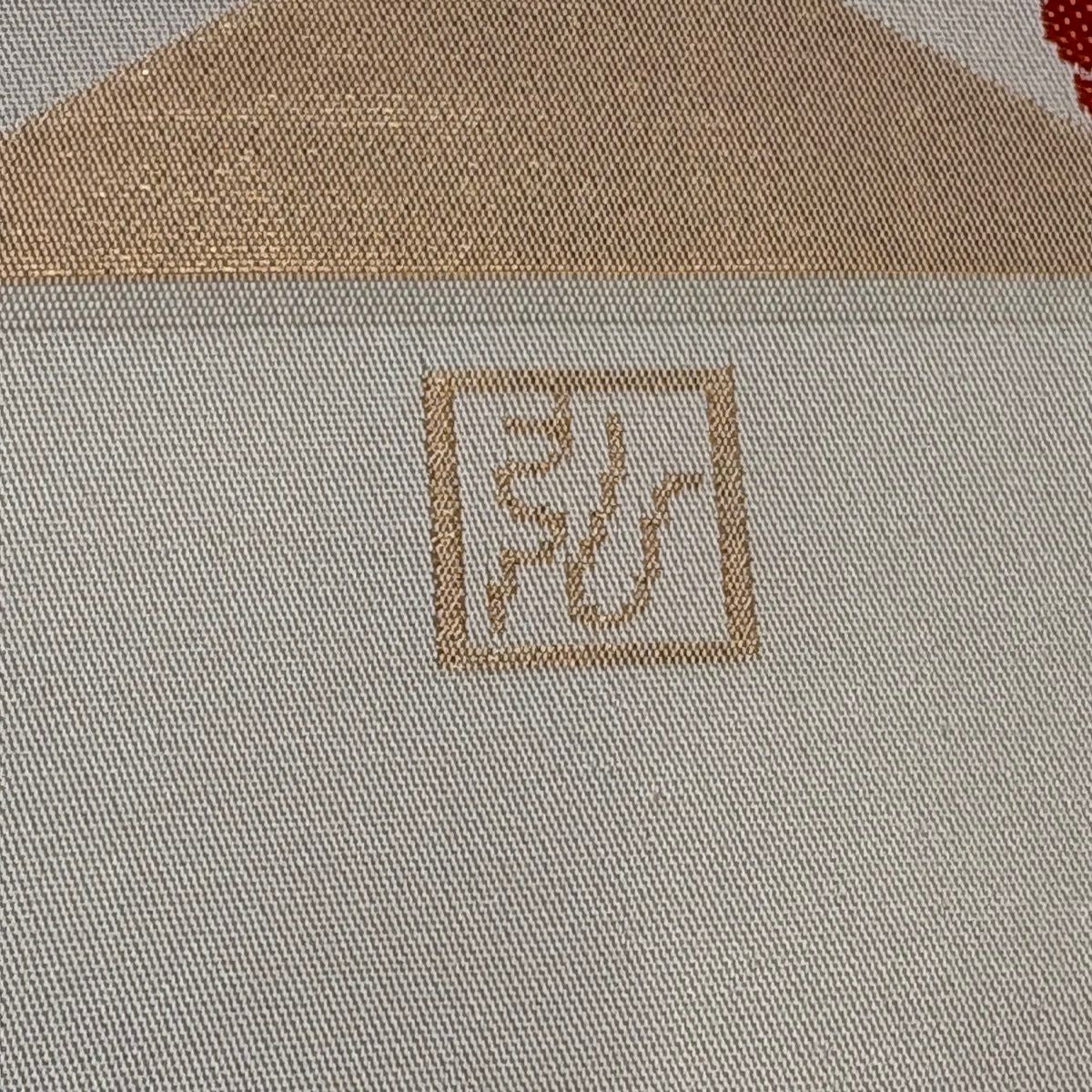 開口名古屋帶 優品級 桝屋高尾 落款あり 龜甲花 淡橙色 純蠶絲