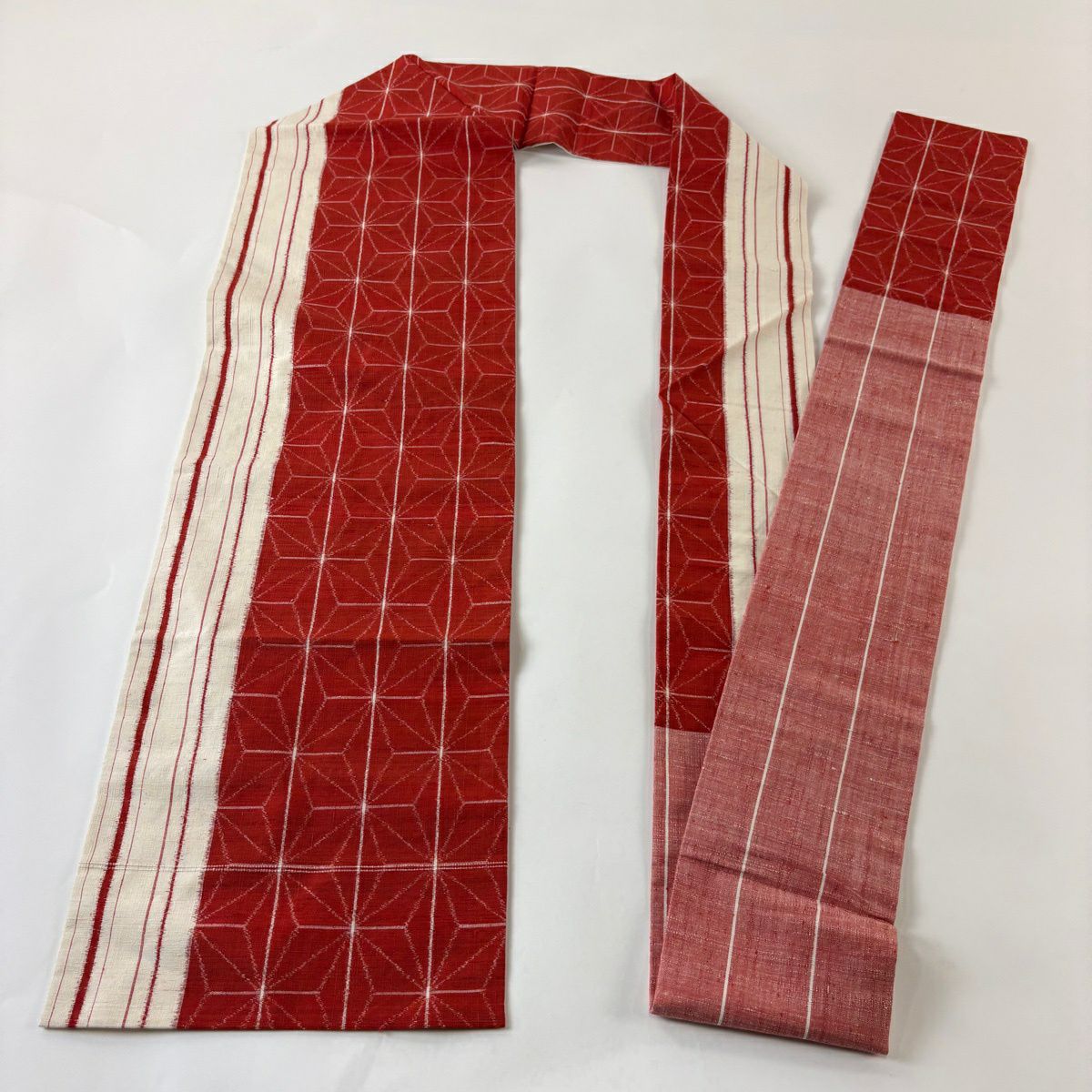 【美品】名古屋帶 優品級 紬織織 麻葉紋 條紋 紅 純蠶絲